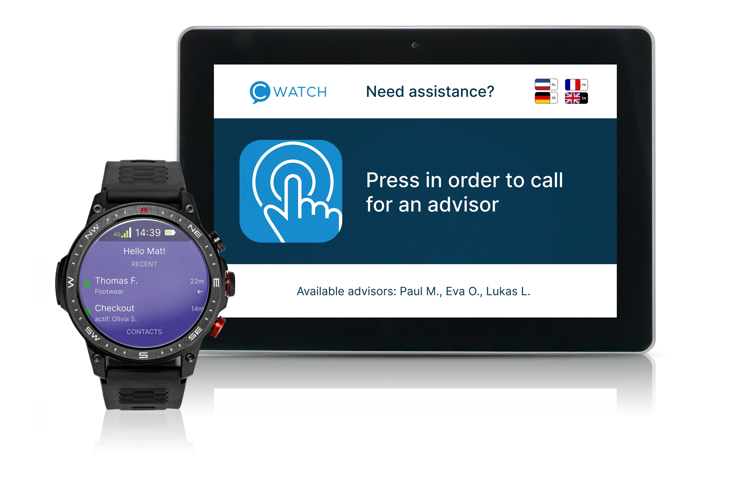 Product shot of the cWatch tablet and cWatch smartwatch