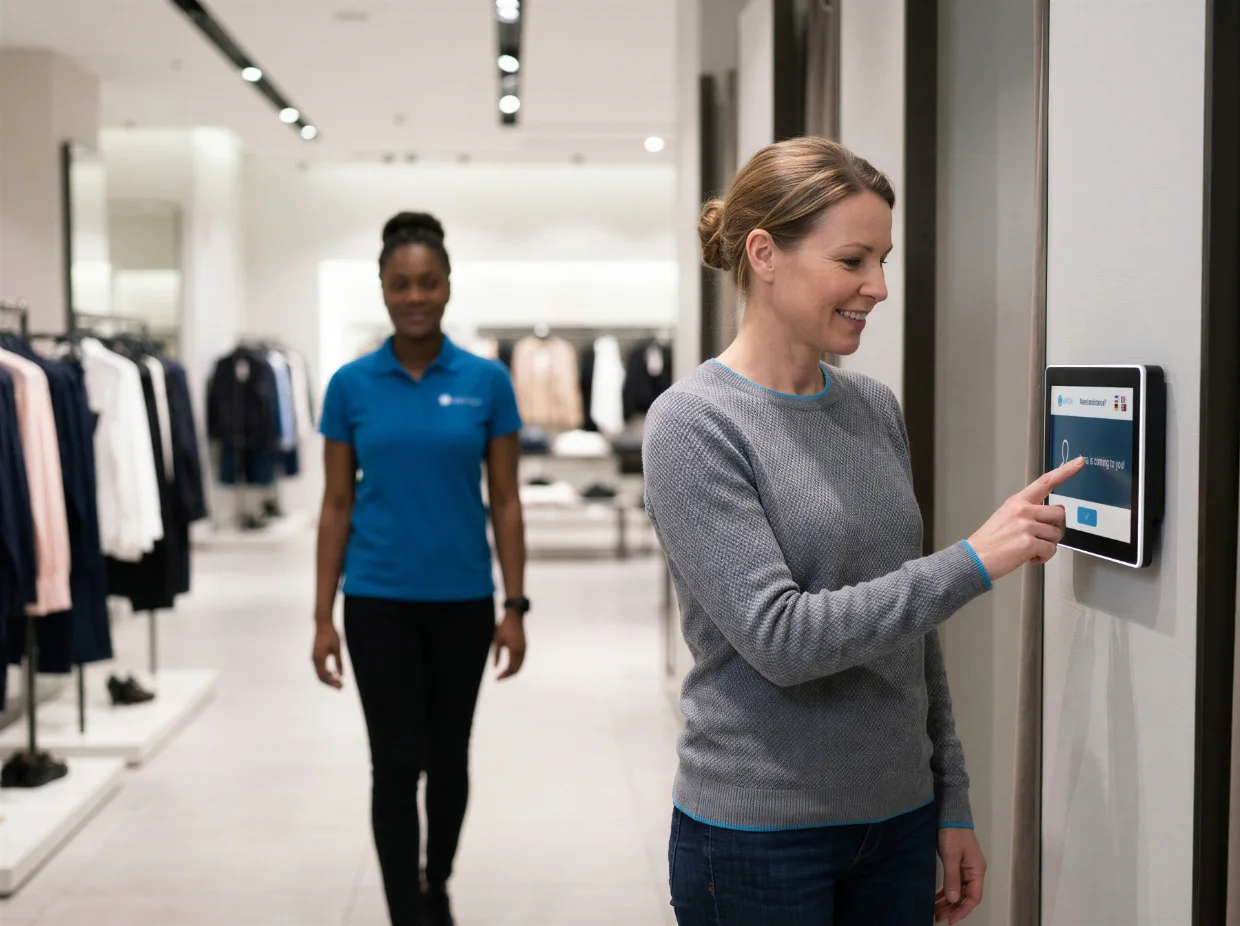 Customer tapping a cWatch tablet to call for assistance as a staff member approaches