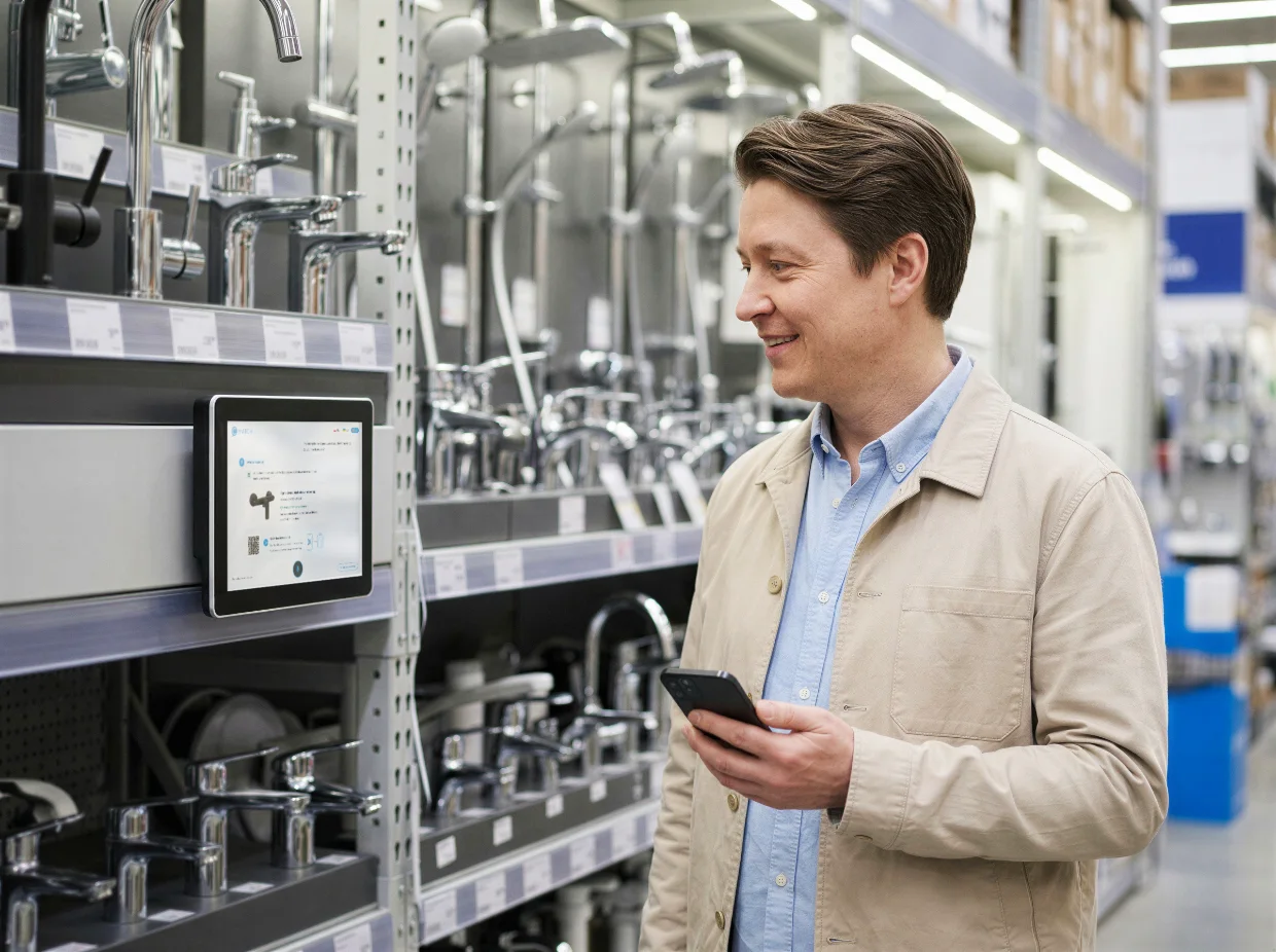 Customer scanning a QR code on a cWatch tablet to order an out-of-stock bathroom fixture