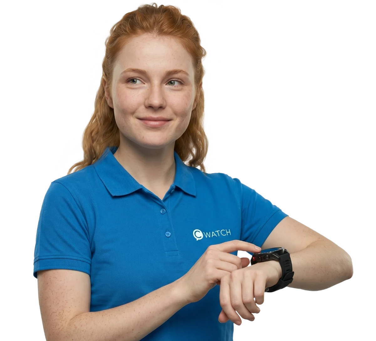 cWatch staff member wearing a branded polo shirt checking a notification on a cWatch smartwatch