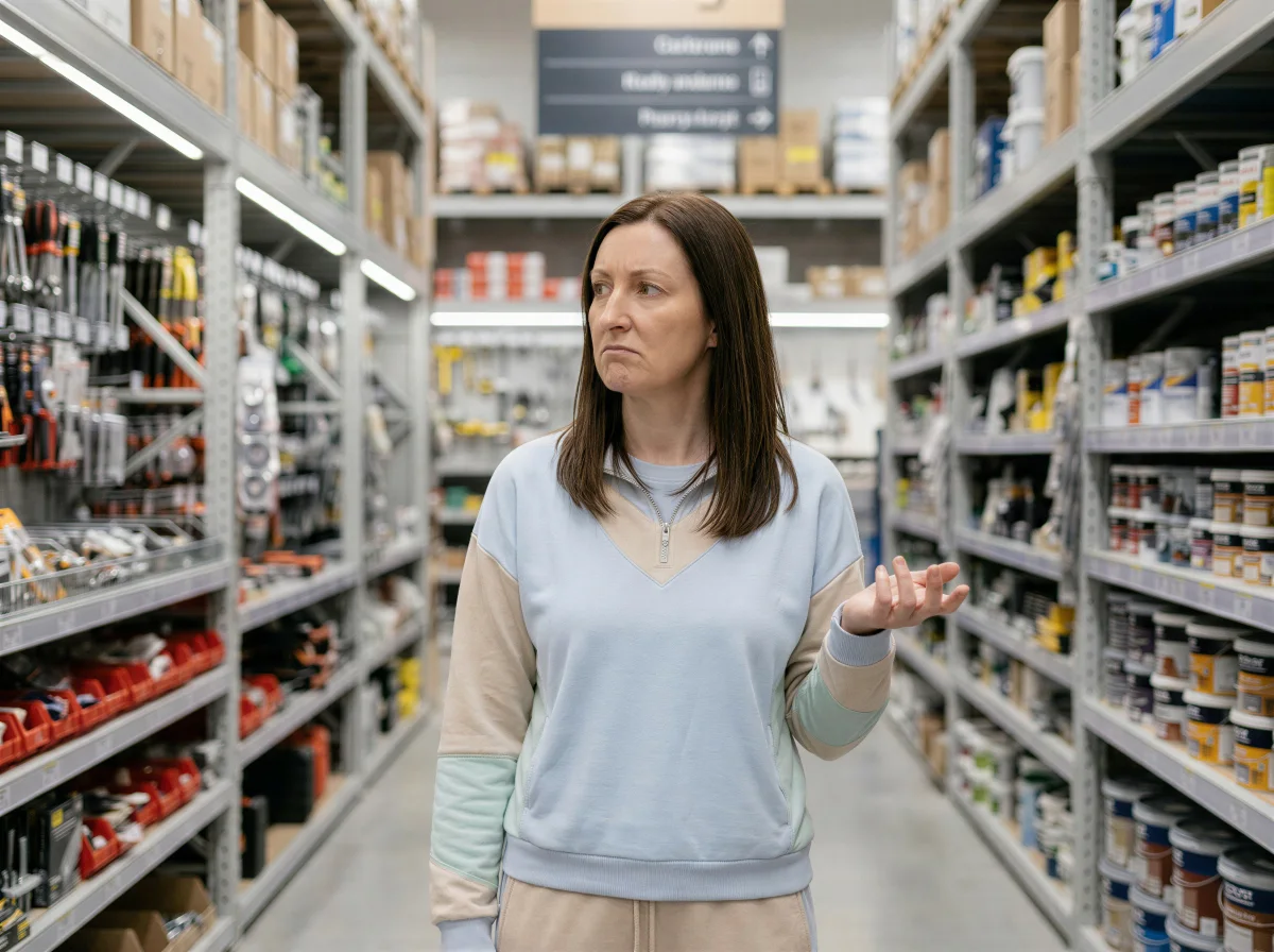 Customer looking for help in a hardware store aisle with no staff in sight