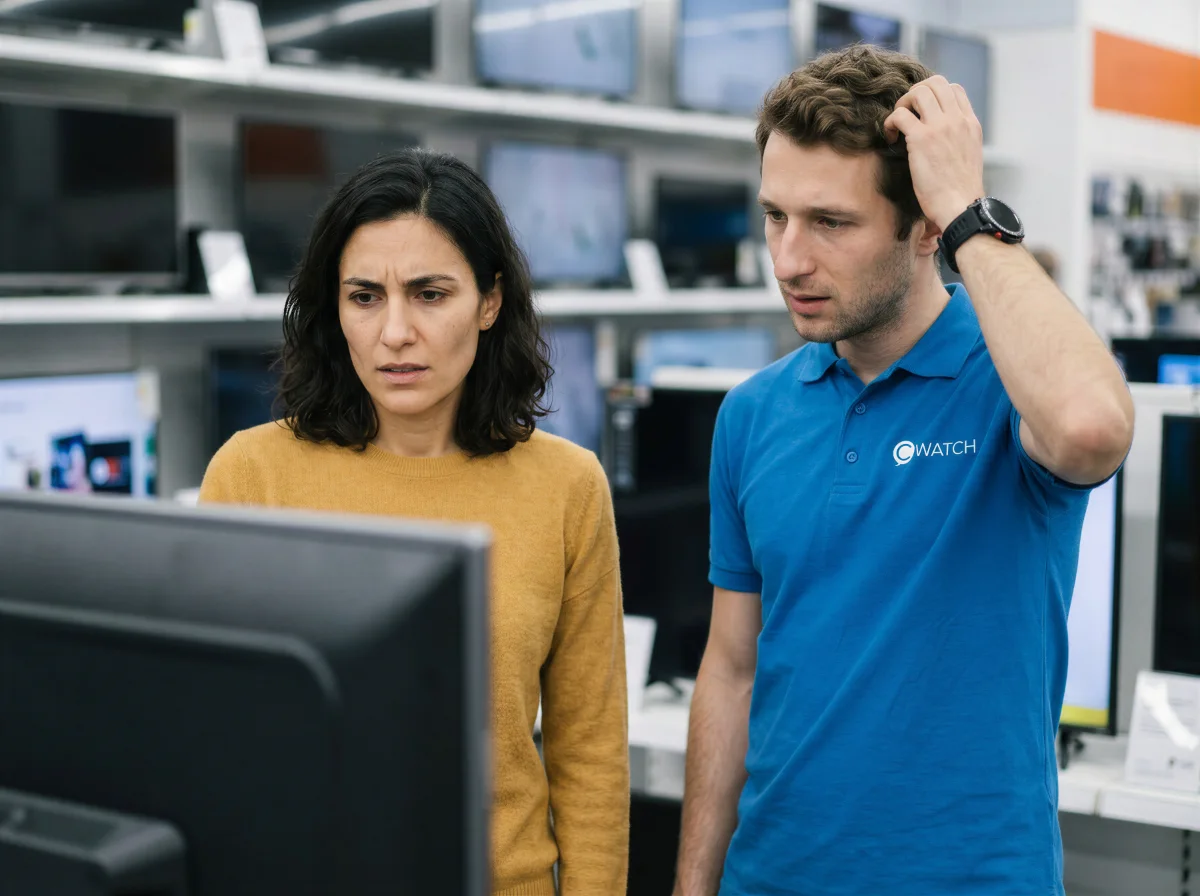 Confused store associate unable to help a customer choose a TV
