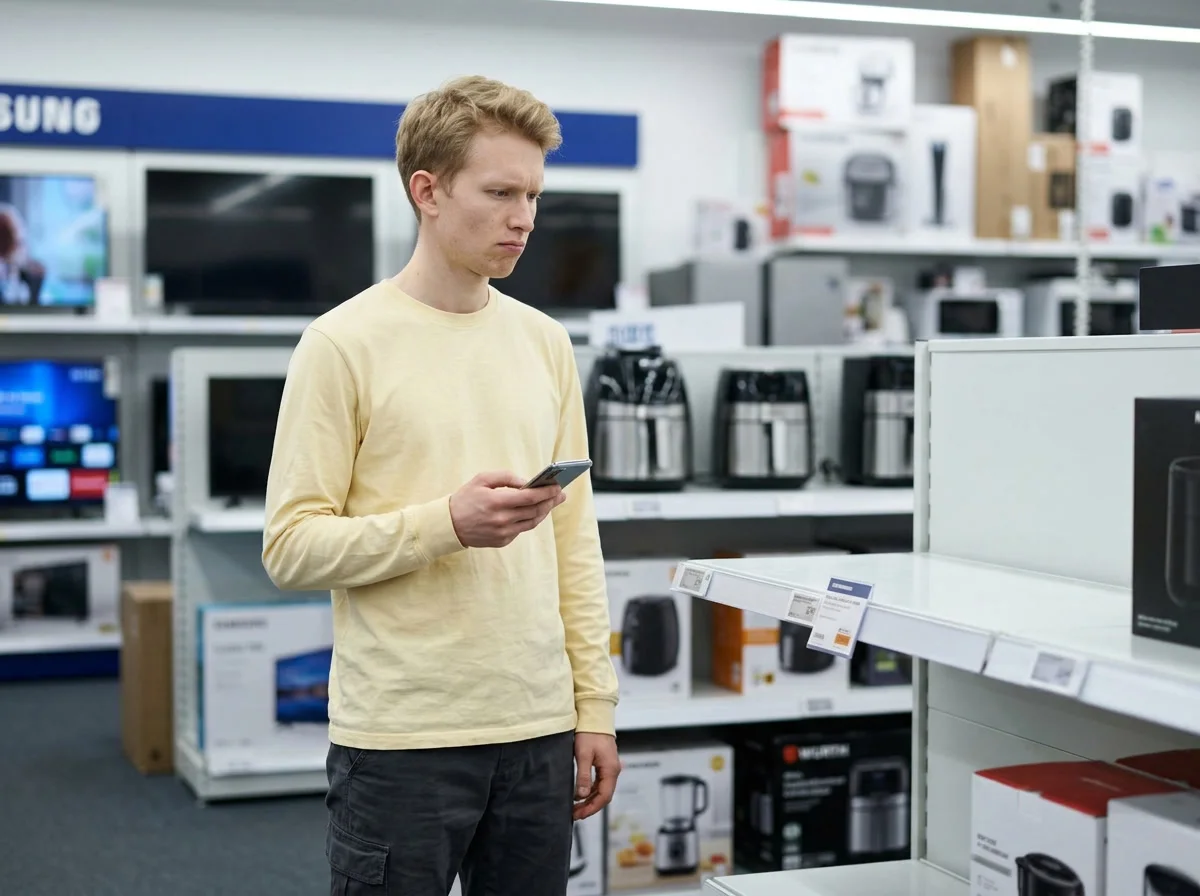 Man checking his phone in an electronics aisle with a product out of stock