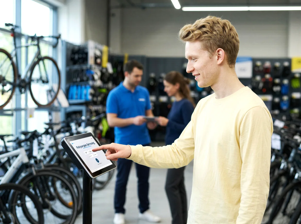 Customer using the cWatch AI assistant on a tablet in the bicycle department of a sporting goods store, while a staff member helps another customer in the background