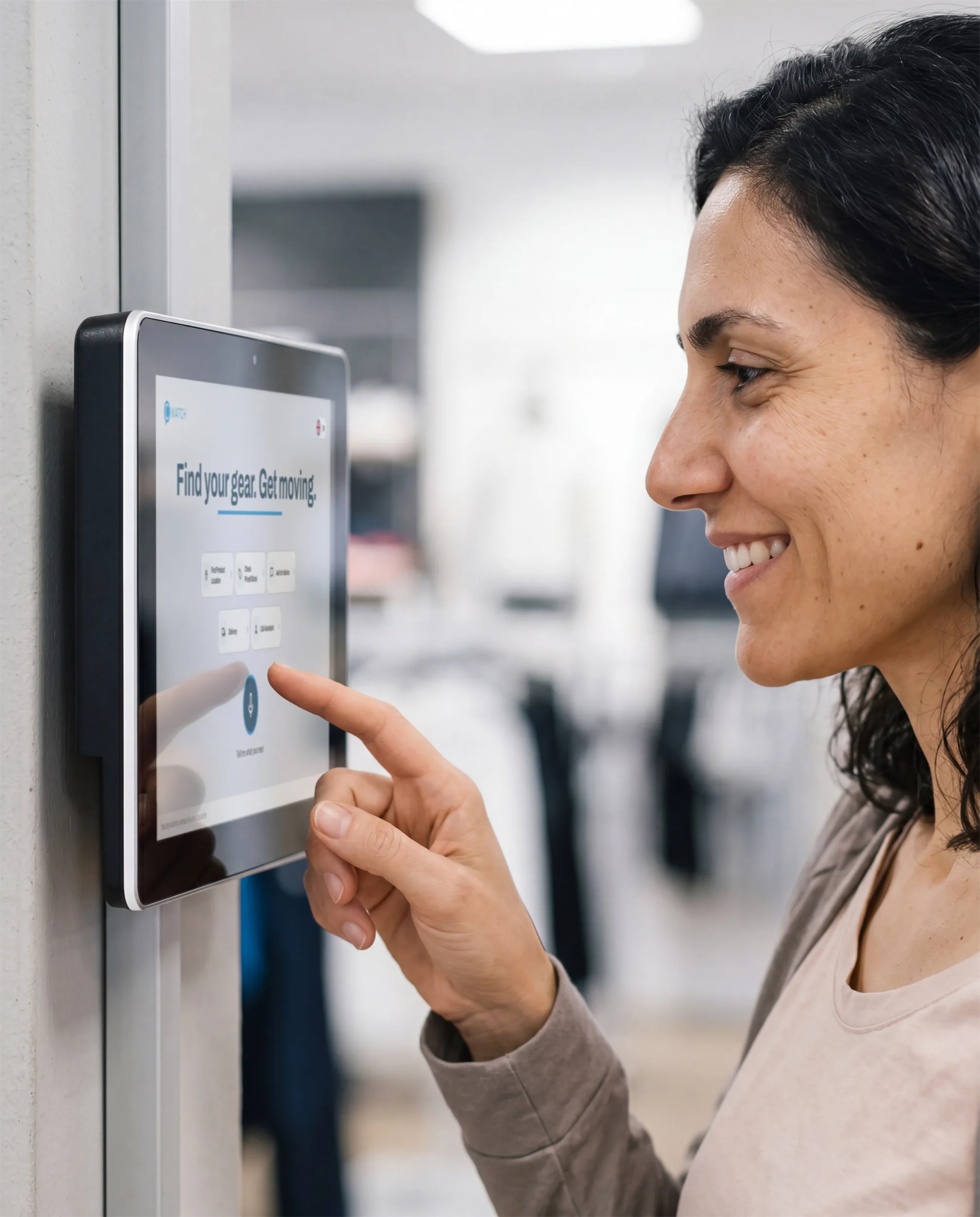 Customer using the cWatch AI assistant on a wall-mounted tablet