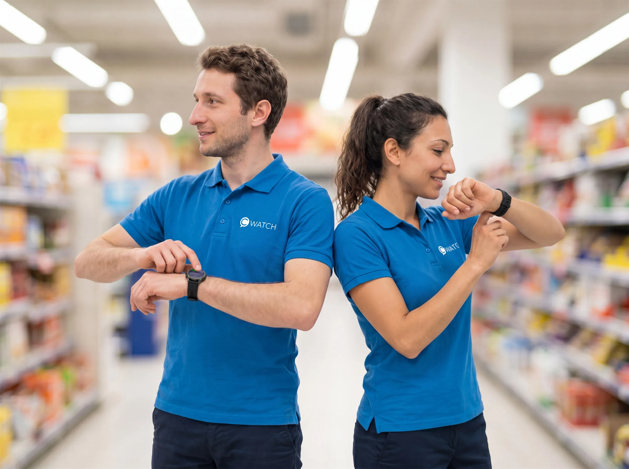 Two employees using cWatch smartwatches: a man receiving a message and a woman recording a voice message