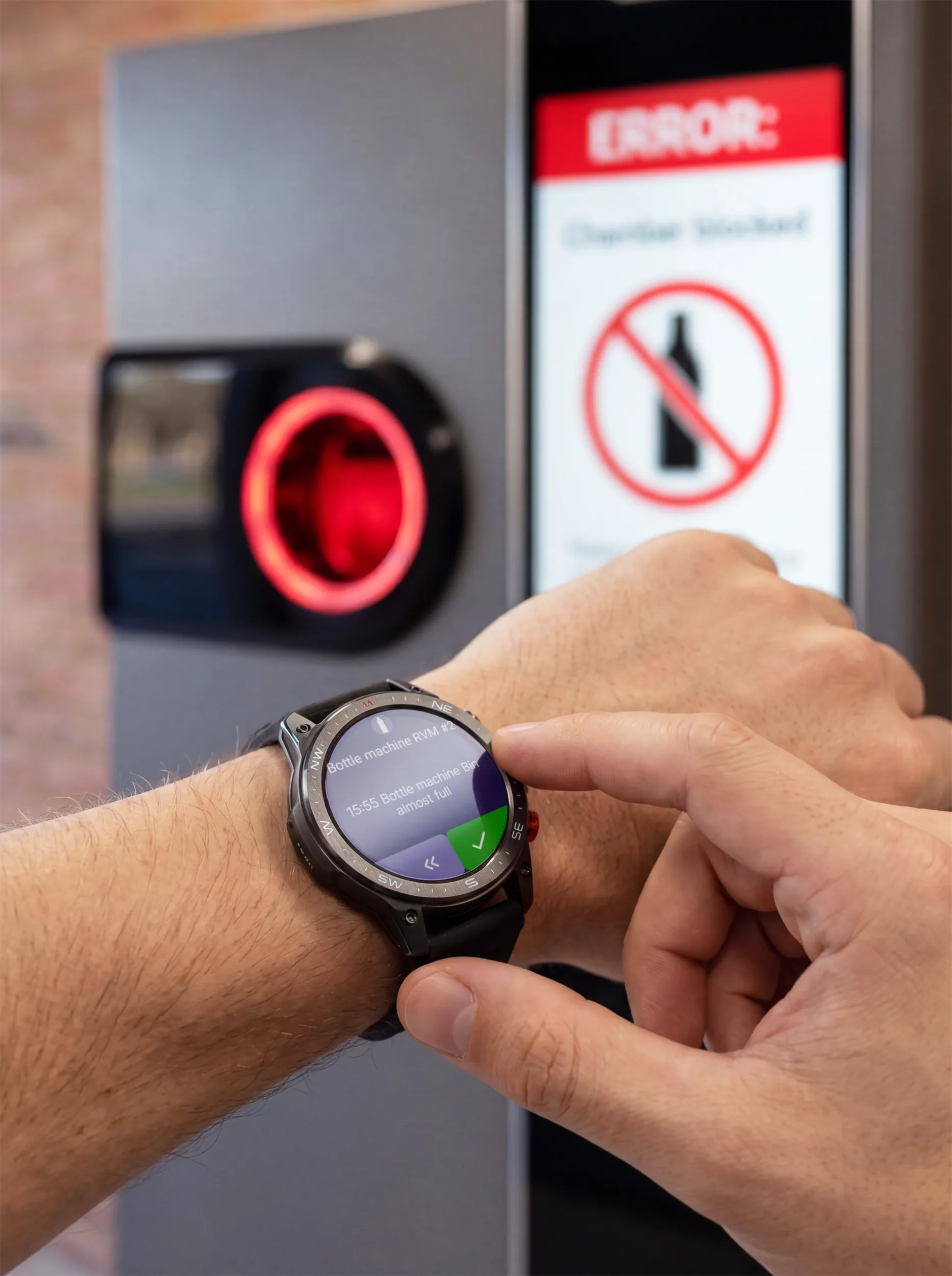 Close-up of a cWatch smartwatch receiving a bottle return machine error alert, with the machine visible in the background