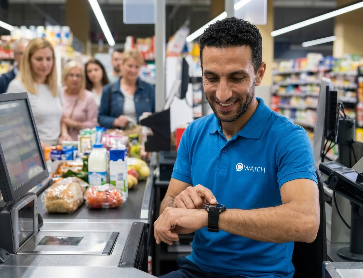 Employee using a cWatch smartwatch to call for backup at the checkout to reduce a long queue