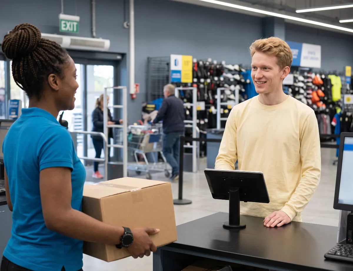 Store employee delivering a package to a customer at a self-checkout counter with a cWatch tablet