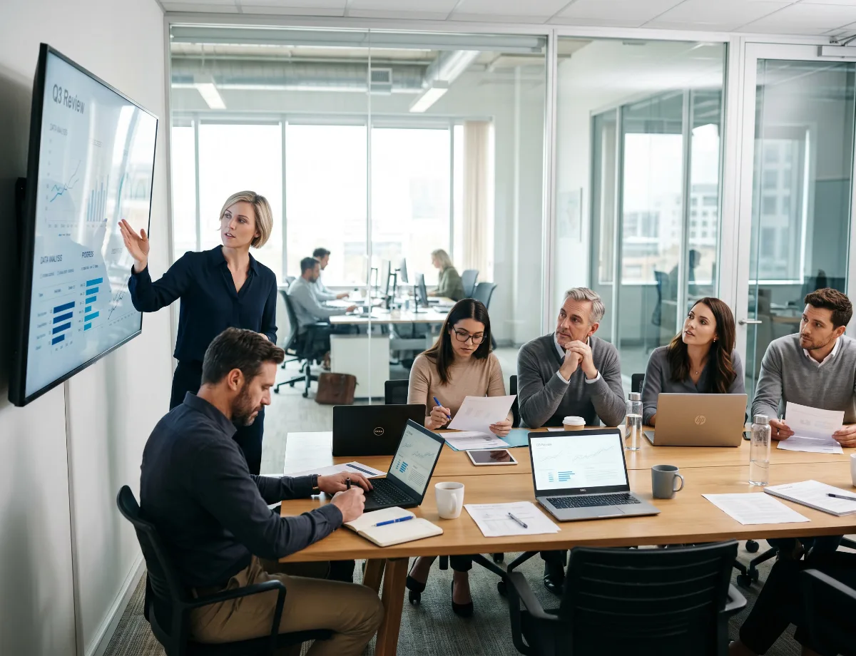 Headquarters team reviewing store performance results in a meeting room presentation