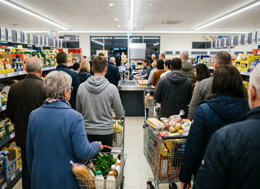 Long checkout queue in a busy grocery store