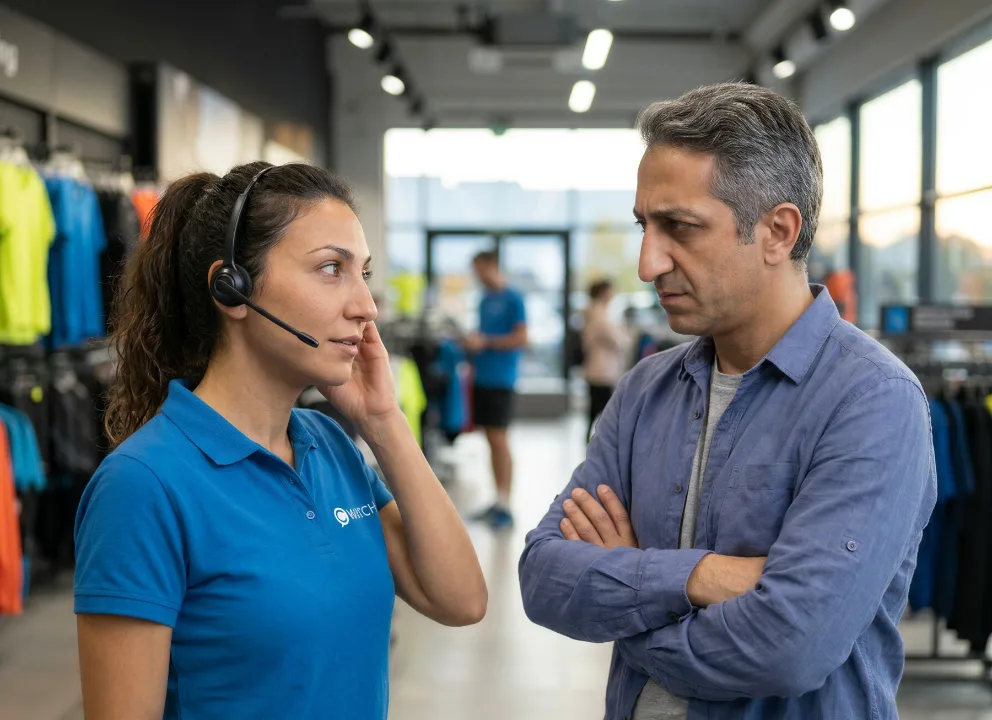 Incoming communication on a store employee's headset distracts her while assisting a dissatisfied customer