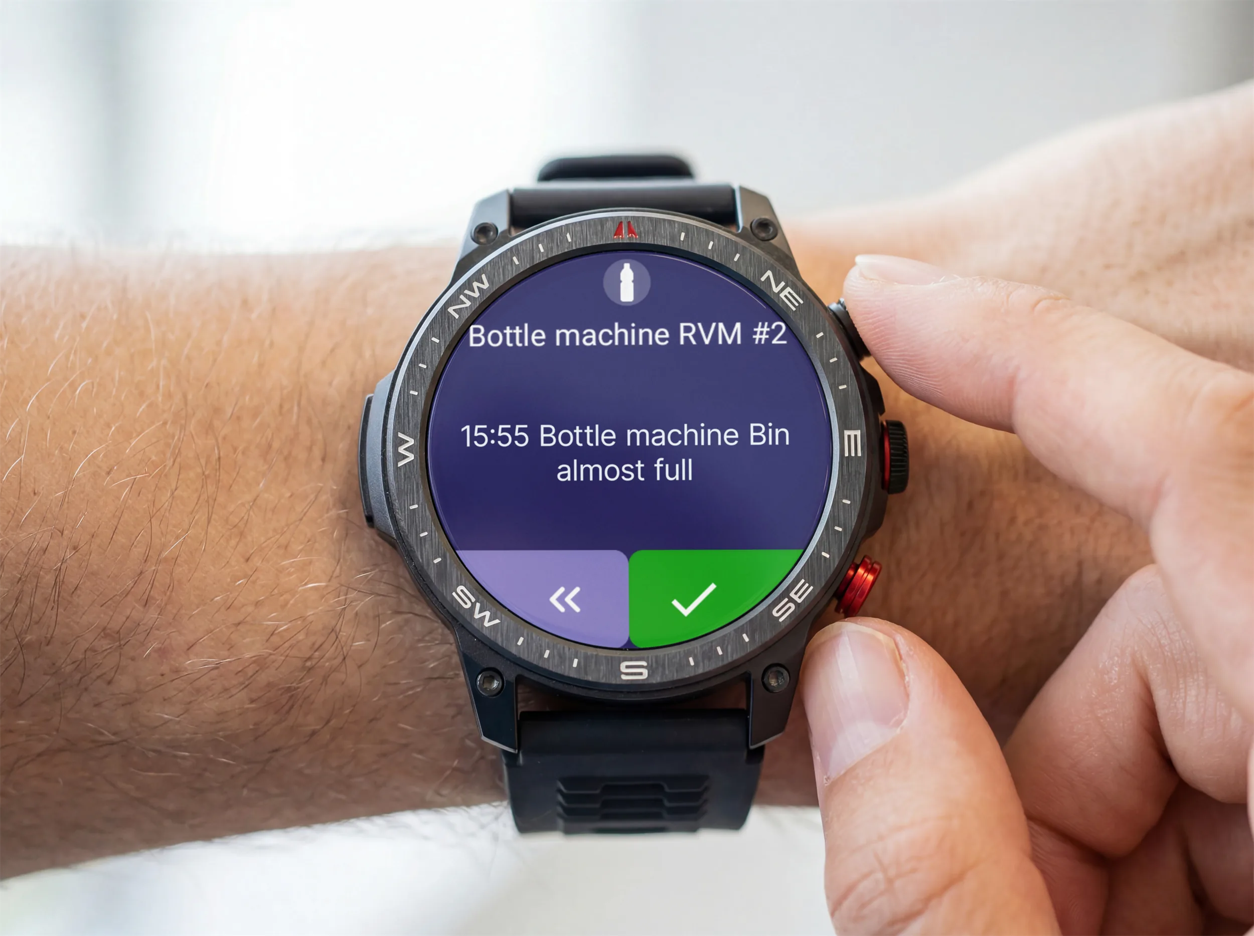 cWatch smartwatch alert showing a bottle return machine bin nearly full