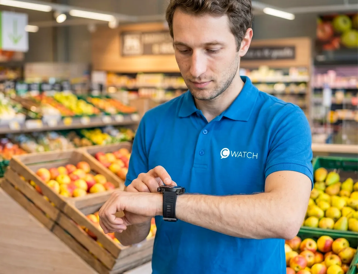 Employee checking a cWatch smartwatch for real-time bottle return machine status
