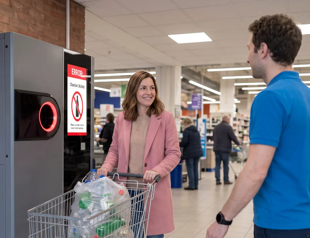 Satisfied customer seeing a store employee arrive to fix the malfunctioning bottle return machine