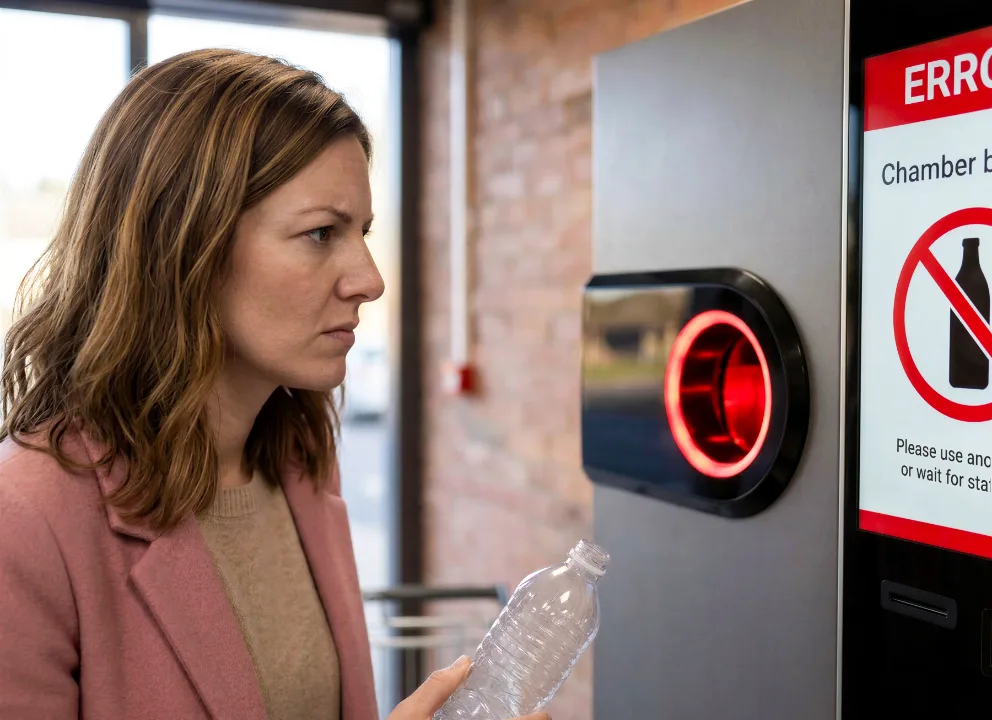Customer unable to return a bottle at a reverse vending machine showing an error message