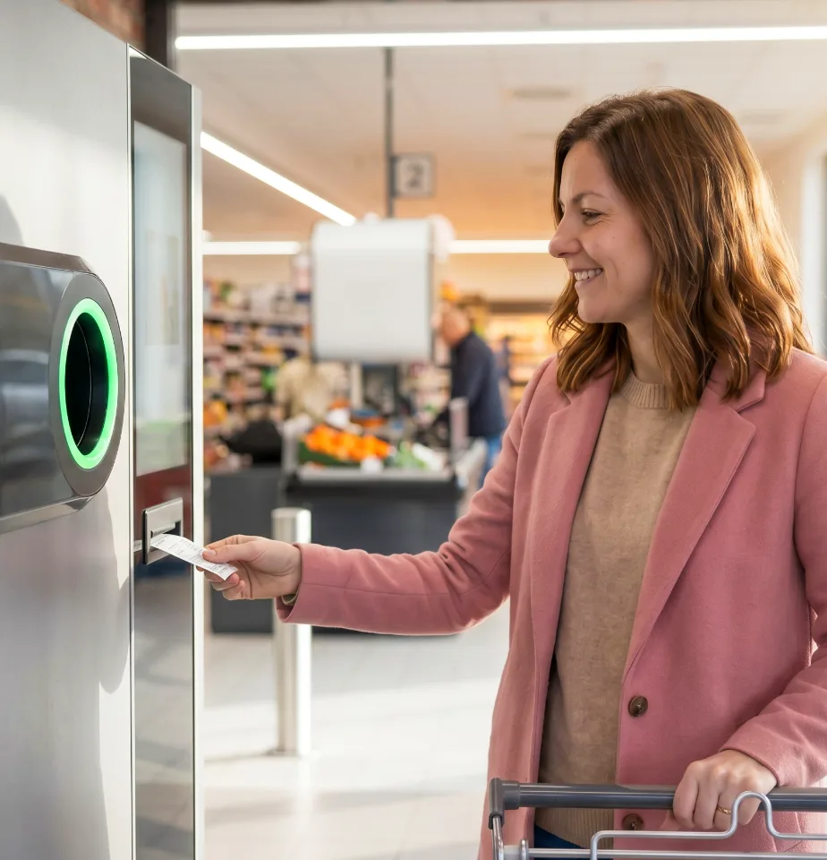 Satisfied customer collecting her voucher after successfully returning bottles at a working reverse vending machine