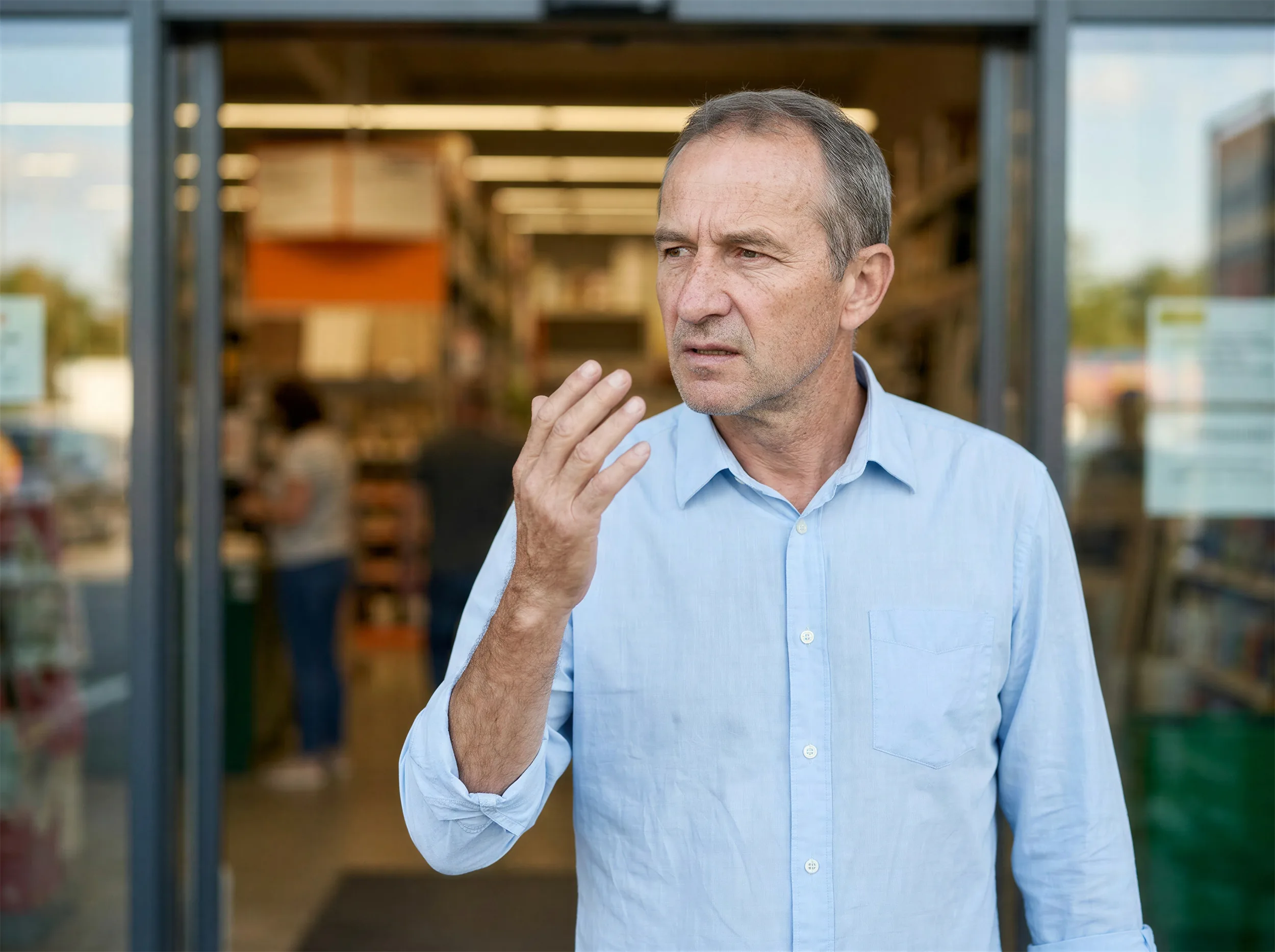 Frustrated customer leaving a store empty-handed after not receiving help