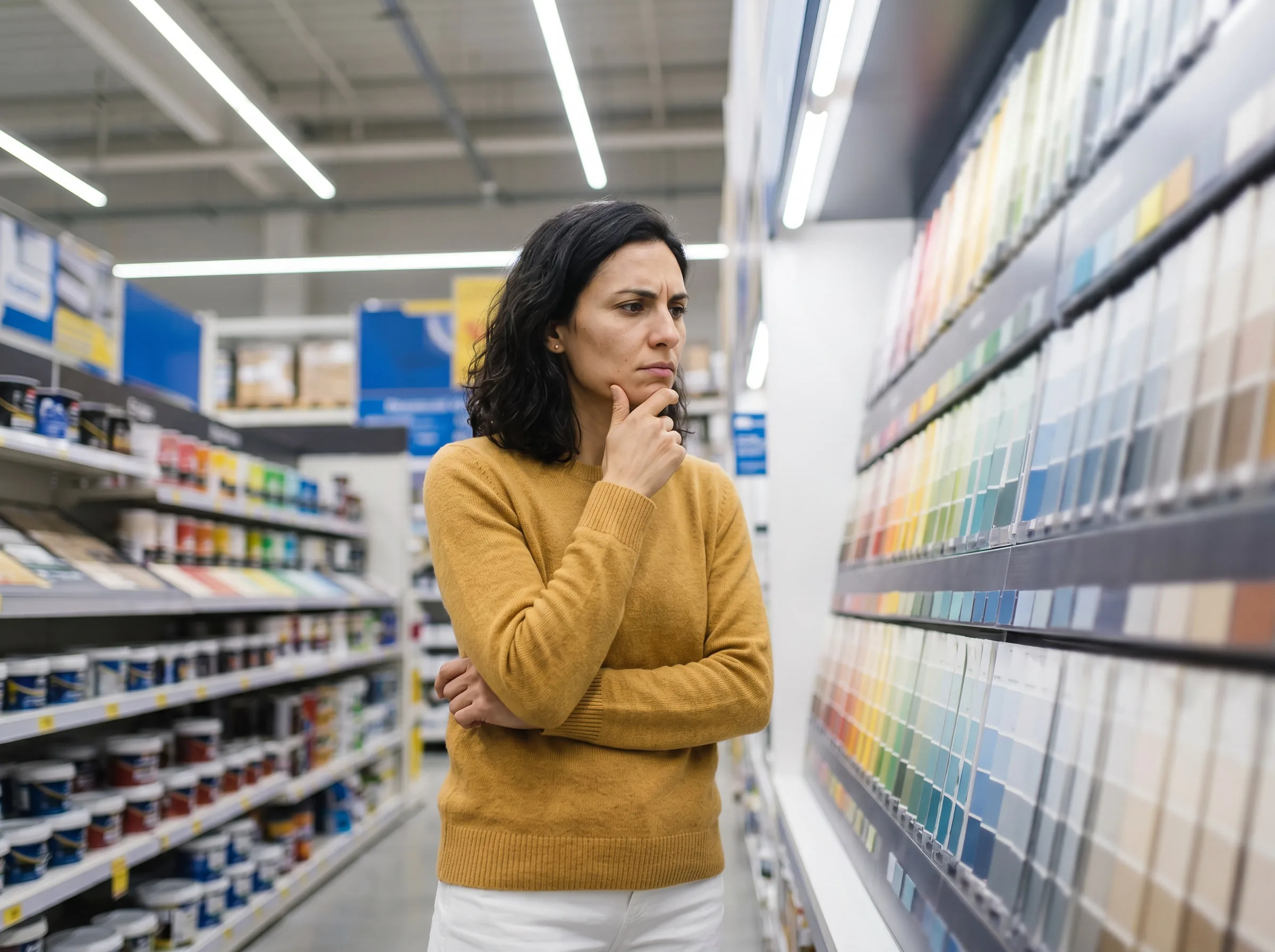Customer hesitating in a paint aisle with no staff available to help