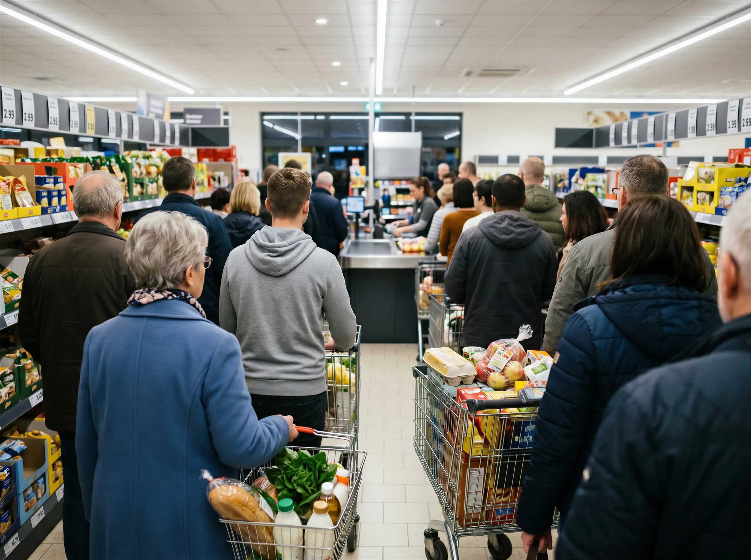 Long checkout queue in a busy grocery store
