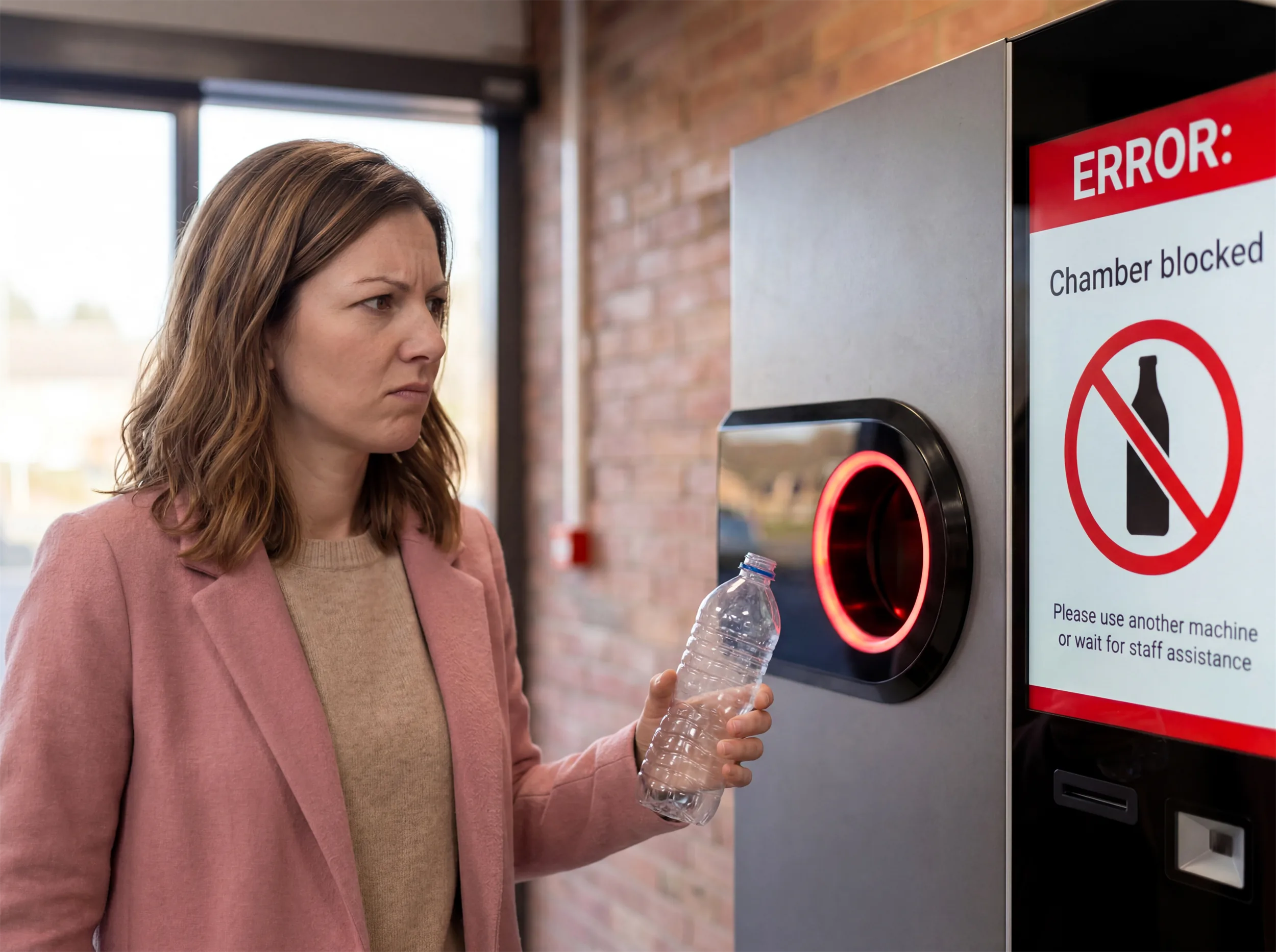 Customer unable to return a bottle at a reverse vending machine showing an error message