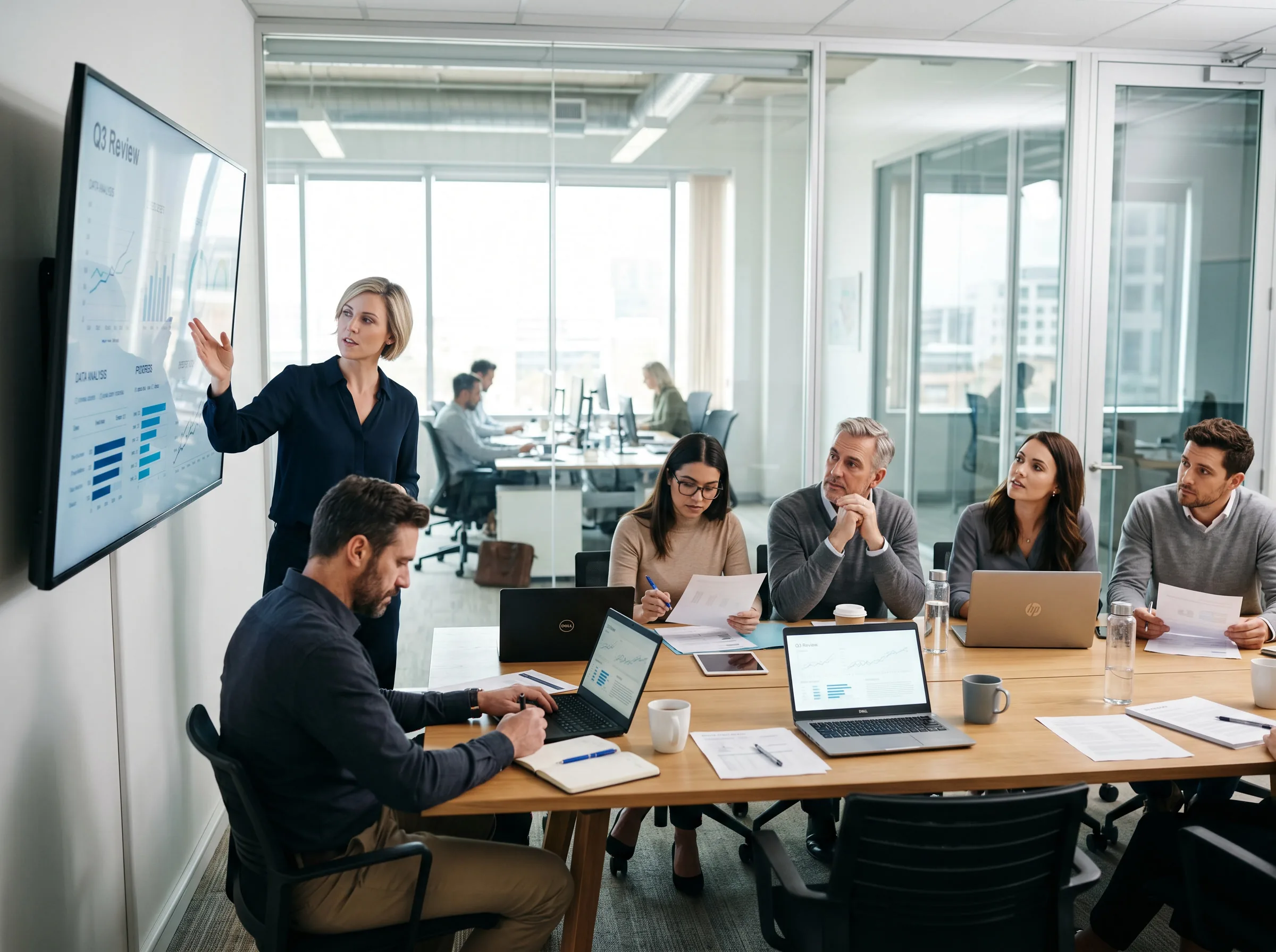Headquarters team reviewing store performance results in a meeting room presentation